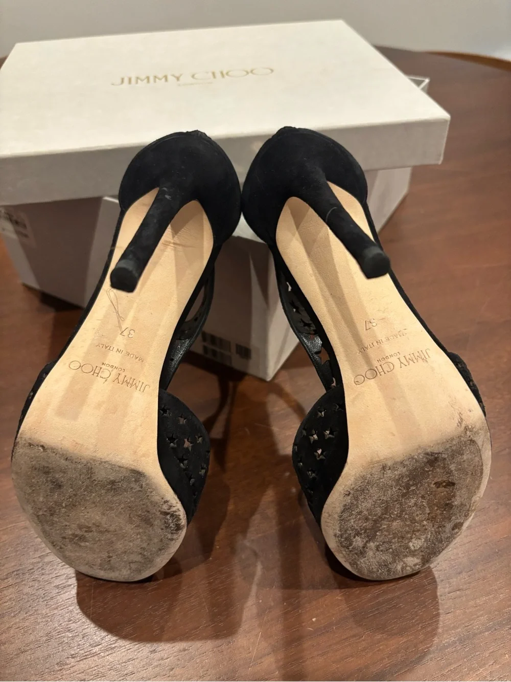 Jimmy Choo Black Star Cutout T-Strap High Heel Sandals